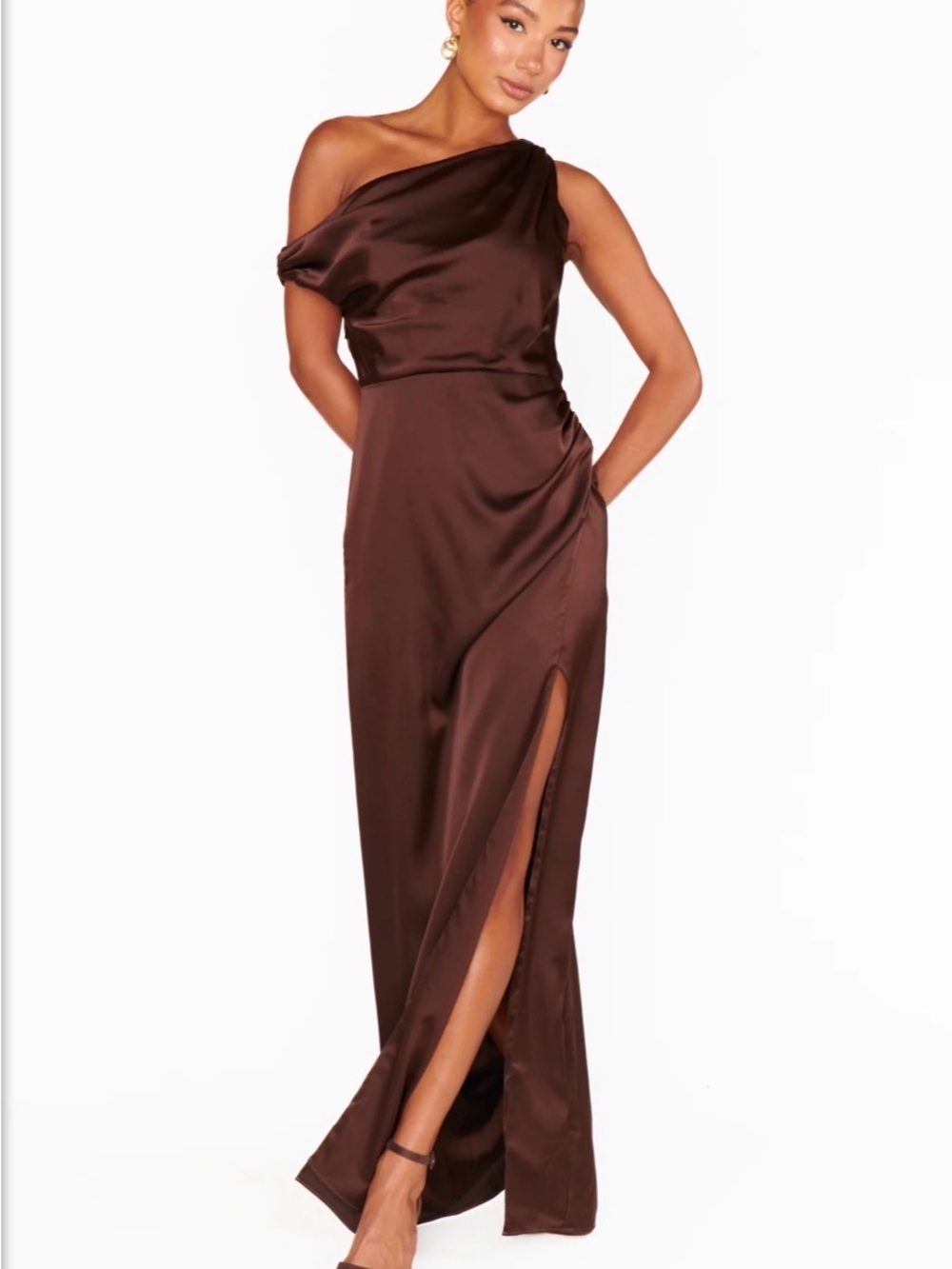 Show Me Your MuMu Jodie One-Shoulder Satin Gown in Chocolate Brown